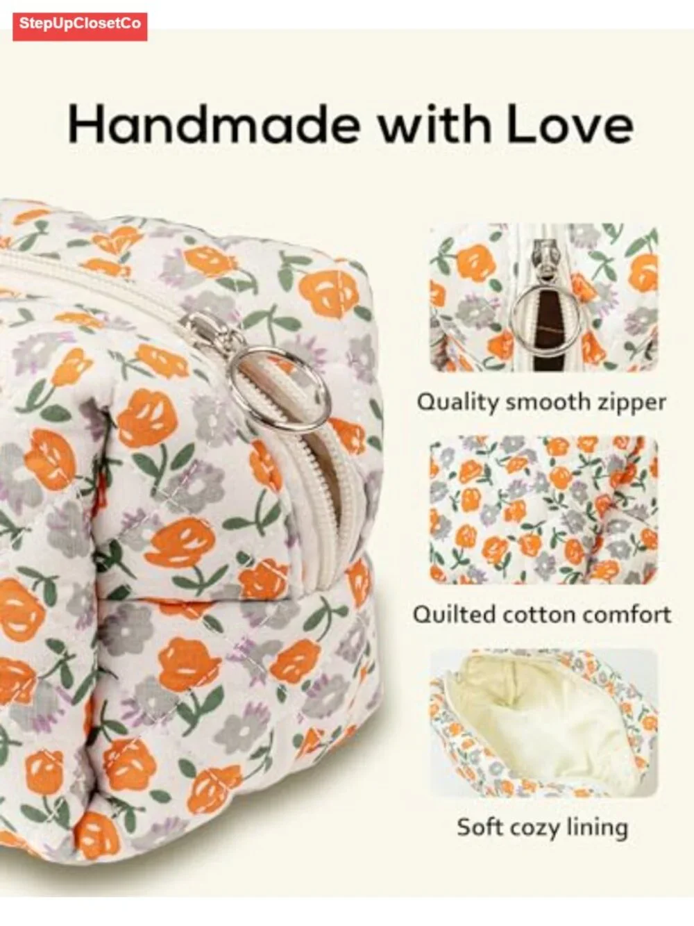 Floral Quilted Cotton Makeup Bag Travel Toiletry Organizer Pouch